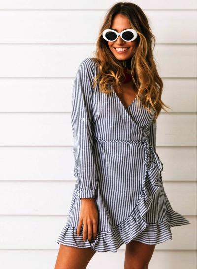 Oasap V Neck Long Sleeve Flounce Panel Striped Dress With Belt