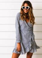 Oasap V Neck Long Sleeve Flounce Panel Striped Dress With Belt