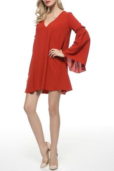 Oasap V Neck Long Flare Sleeve Mini Dress