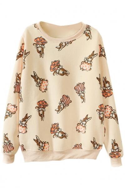 Oasap Cute Bunny Rabbit Print Fleece Cozy Sweatshirt For Women