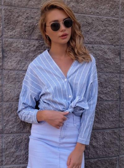 Oasap V Neck Long Sleeve Button Down Striped Shirt