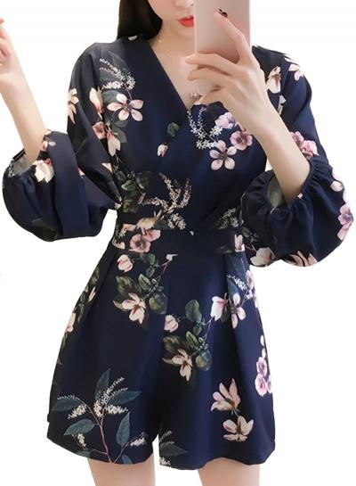 Oasap Fashion Floral Printed Shir High Waist V Neck Wide Leg Jumpsuits