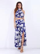 Oasap Halter Floral Print Crop Top High Slit Maxi Skirt Set
