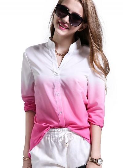 Oasap Stand Collar Long Sleeve Gradient Button Down Shirt