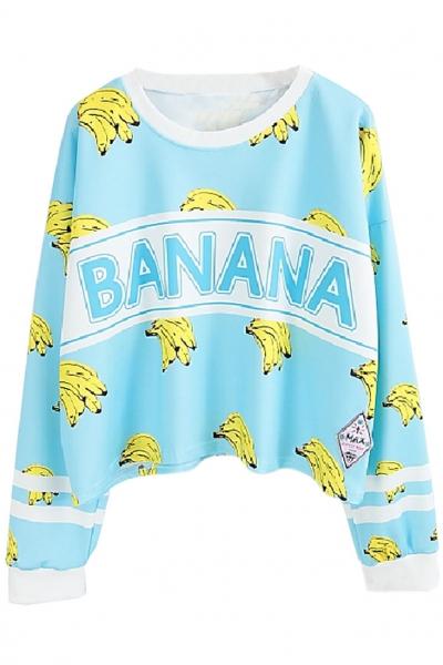 Oasap Street Banana Pattern Blue Cropped Sweatshirt