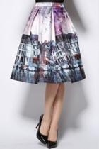 Oasap City Block Print High-waisted Swing Skirt For Woman