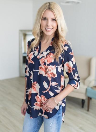 Oasap V Neck Floral Loose Fit Pullover High Low Blouse