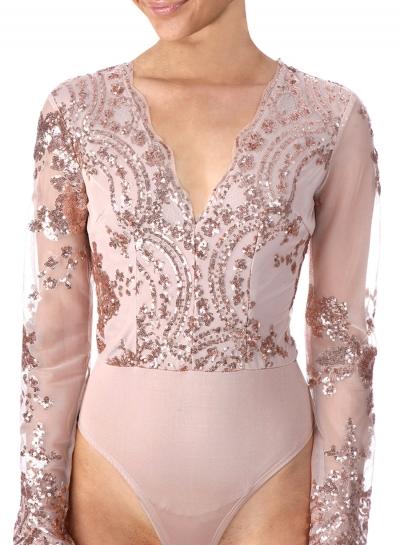 Oasap Women's Fashion Deep V Neck Long Sleeve Sequined Bodysuit