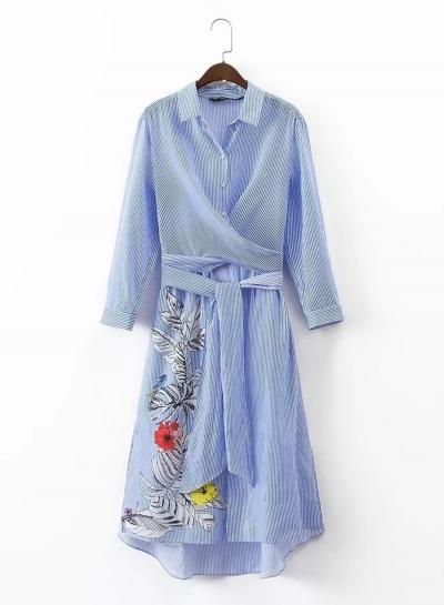 Oasap Turn Down Collar Striped Floral Embroidery Dresses