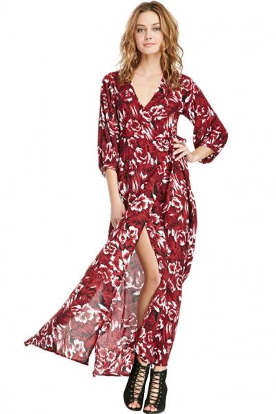 Oasap Graceful V Neck Floral Sheer Beach Chiffon Dress