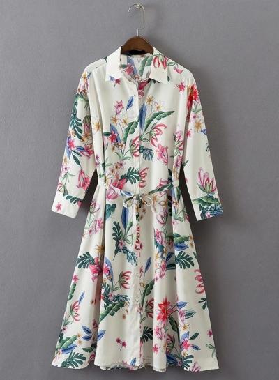 Oasap Turn Down Collar Floral Printed Button Down Dress