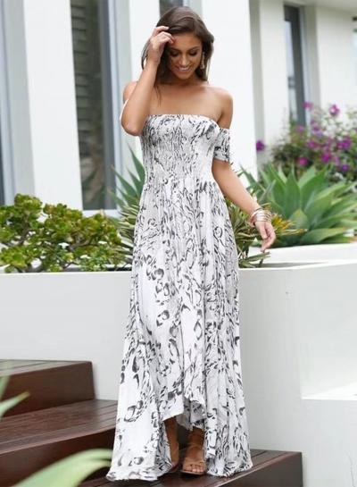 Oasap Boho Off Shoulder Short Sleeve Irregular Maxi Dress