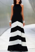 Oasap Bold Striped Print Color Block Halter Maxi Dress