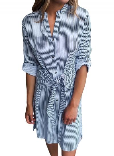Oasap Striped Tie Waist Button Down Shirt Dress