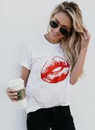 Oasap Round Neck Red Lip Printed Pullover Tee Shirt