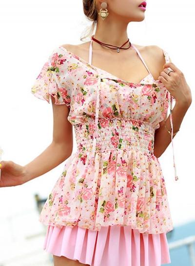 Oasap Women's Sweet Floral Printed Elastic Waist Swim Dress