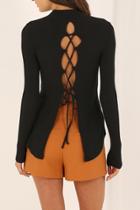 Oasap Black Lace-up Back Ribbed Knit Sweater