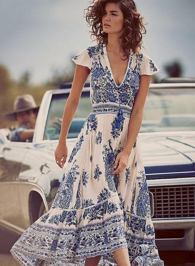 Oasap V Neck Cap Sleeve Floral Slit Maxi Dress