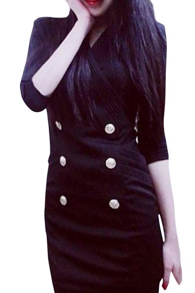 Oasap Women Faux Wrap Double Breasted Long Sleeve Bodycon Dress