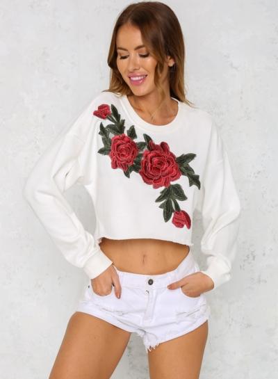 Oasap Fashion Long Sleeve Floral Embroidery Cropped Tee