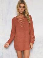 Oasap V Neck Lace-up Long Sleeve Pullover Sweater