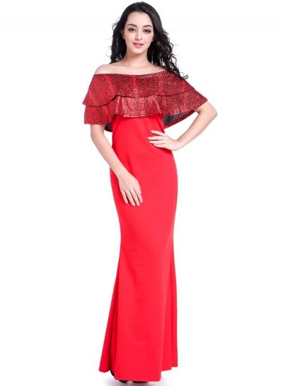 Oasap Elegant Off Shoulder Ruffle Maxi Prom Dress