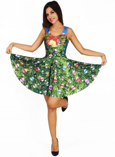 Oasap Christmas Digtal Print Pleated Dress