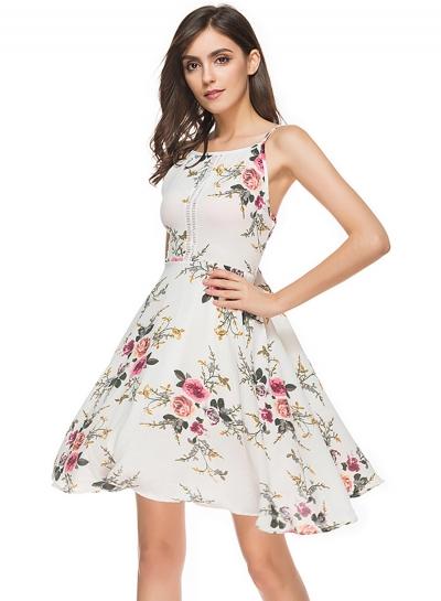 Oasap Round Neck Floral Print Ruffle Slip Dress