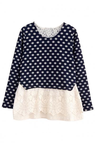 Oasap Polka Dot Pattern Lace Bottom Paneled Sweatshirt