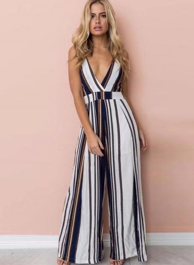 Oasap Fashion Spaghetti Strap Jumpsuits Striped Deep V Neck Rompers