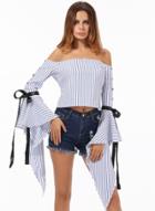 Oasap Bow Flare Sleeve Off Shoulder Striped T-shirt