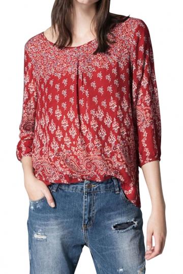 Oasap Retro Red Floral Pattern Blouse