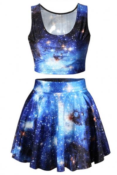 Oasap 2pcs Galaxy Print Tank A-line Skirt Matching Set