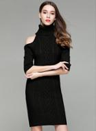 Oasap Off Shoulder High Neck Knitted Pullover Long Sweater