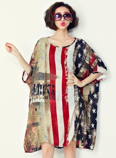 Oasap Half Sleeve American Flag Print Loose Dress