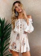 Oasap Floral Off Shoulder Long Sleeve Hollow Out Loose Romper