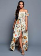 Oasap Off Shoulder Floral Print Slit Romper Maxi Dress
