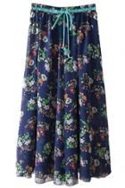 Oasap Demure Floral Print Navy Maxi Skirt