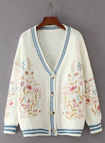 Oasap V Neck Long Sleeve Embroidered Cardigan Sweater