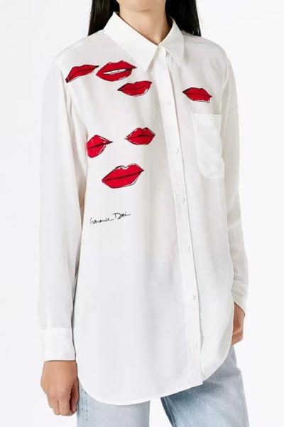 Oasap Chic Red Lips Button Down Shirt
