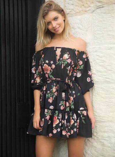 Oasap Slash Neck Tie Waist Floral Print Romper