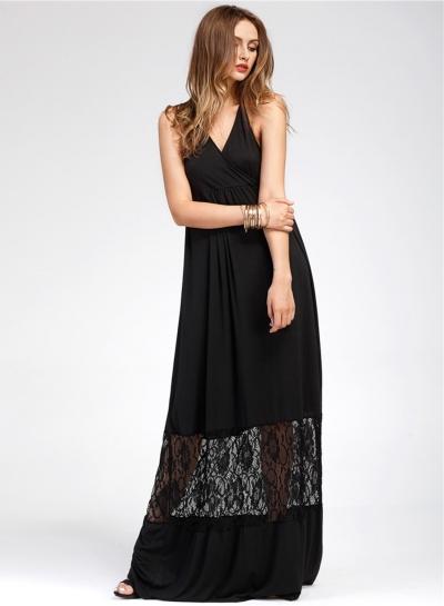 Oasap V Neck Sleeveless Lace Panel Maxi Dress