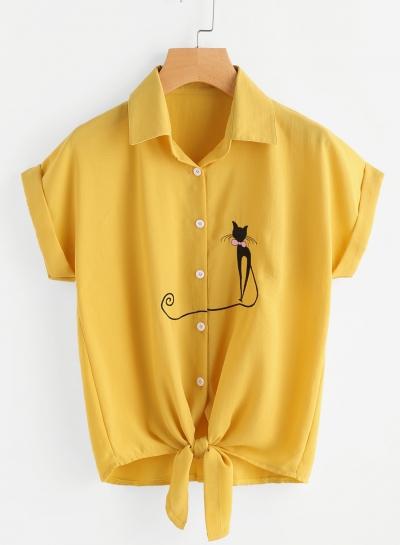 Oasap Turn Down Collar Cat Embroidery Tee Shirts
