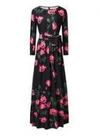 Oasap Round Neck Long Sleeve High Waist Floral Print Maxi Dress