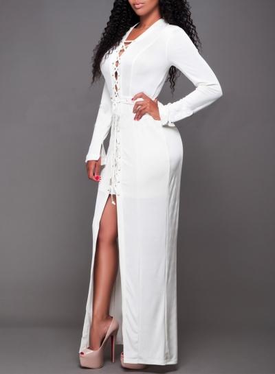 Oasap V Neck Long Sleeve Lace-up Front High Slit Maxi Dress