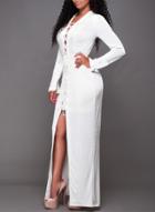 Oasap V Neck Long Sleeve Lace-up Front High Slit Maxi Dress