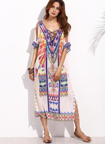 Oasap V Neck Short Sleeve Backless Lace Up Side Slit Midi Dress