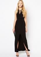 Oasap Round Neck Off Shoulder Lace Panel Slit Long Dress