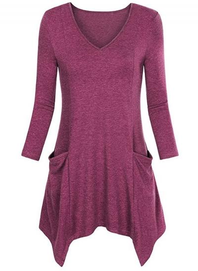 Oasap V Neck Long Sleeve Solid Color Pullover Asymmetric Design Tee Shirt