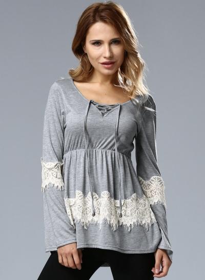 Oasap V-neck Flare Sleeve Lace Up Tee Shirt